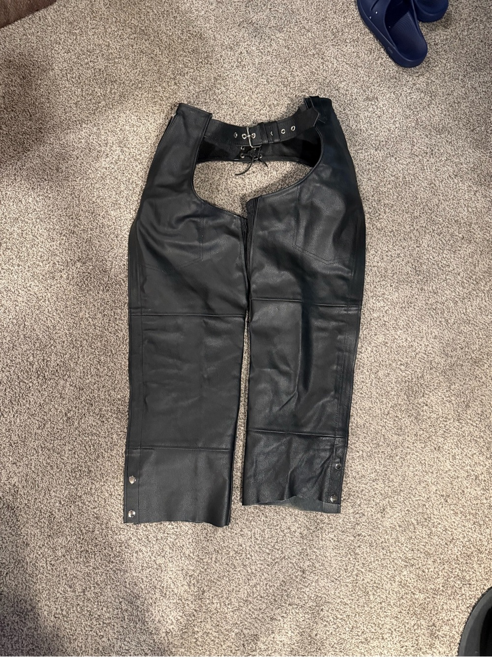 Black Leather Motorcycle Chaps with Lace-Up Back